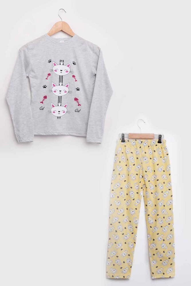 İtan Kedi Baskılı Kız Çocuk Pijama Takımı 1052 | Gri