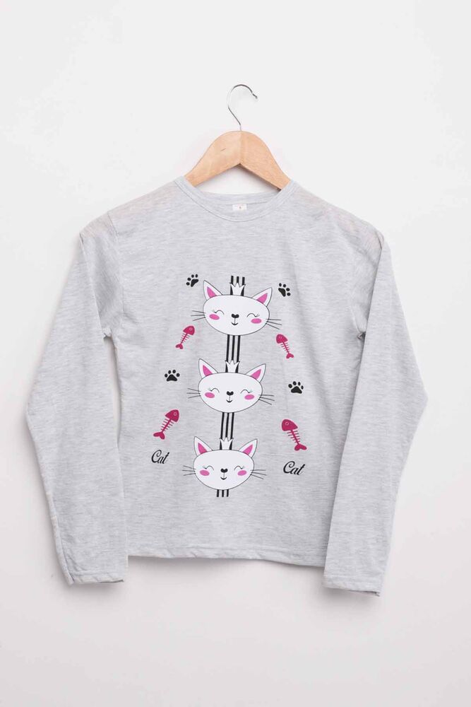 İtan Kedi Baskılı Kız Çocuk Pijama Takımı 1052 | Gri