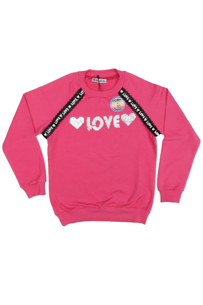 Yuvarlak Yakalı Pullu Kız Çocuk Sweat 79572 | Pembe