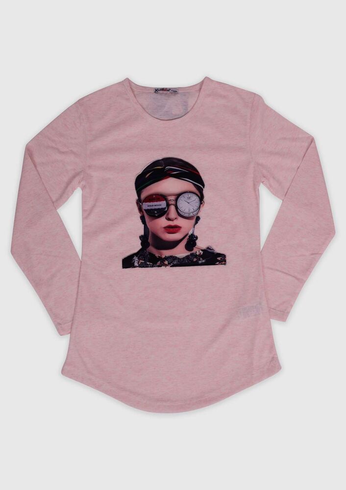 3 Boyutlu Gözlük Baskılı Kız Çocuk Sweat | Pembe