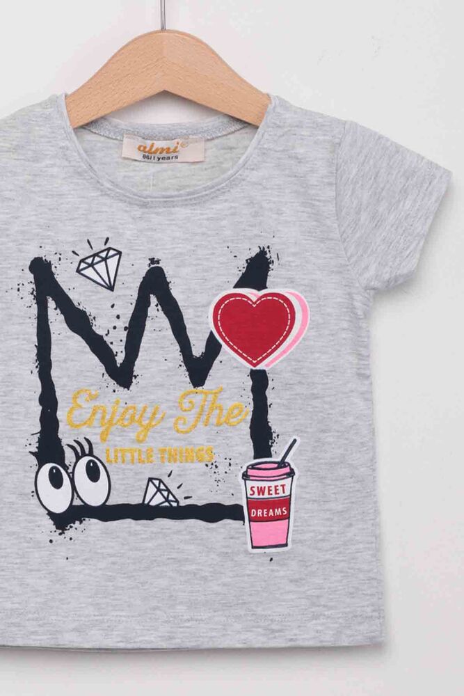 Kalp Baskılı Kız Çocuk Tshirt | Gri