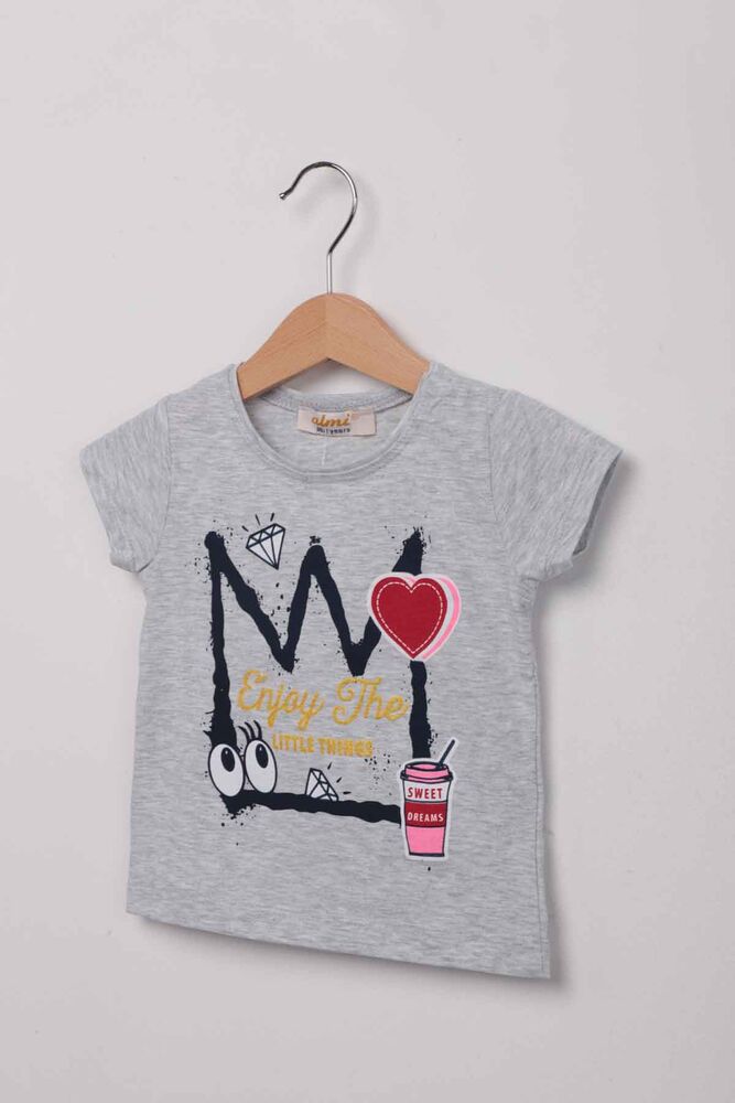 Kalp Baskılı Kız Çocuk Tshirt | Gri