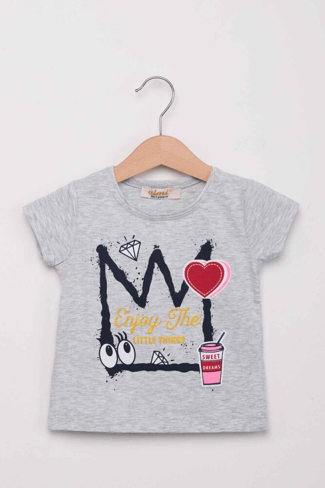Kalp Baskılı Kız Çocuk Tshirt | Gri