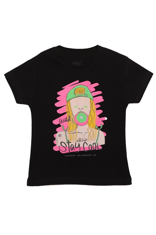 ALMİ - Baskılı Kız Çocuk Tshirt 7415 | Siyah