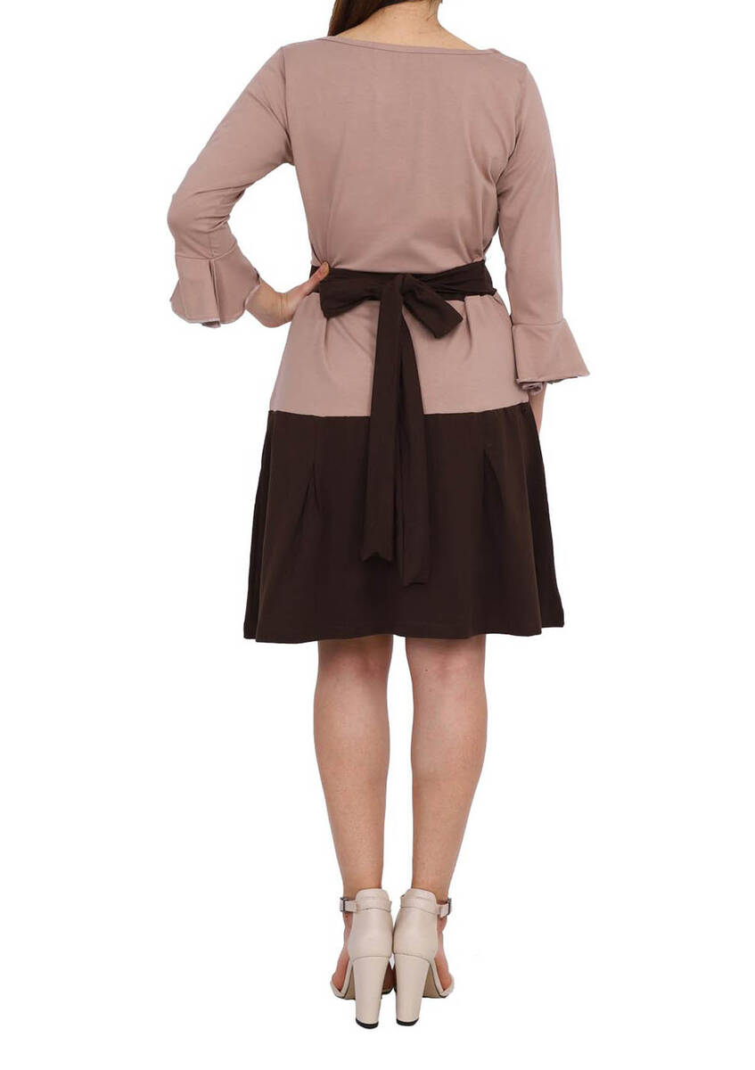Kolu Volanlı Beli Kuşaklı Modal Kadın Elbise 4621 Vizon Kadın Tunik