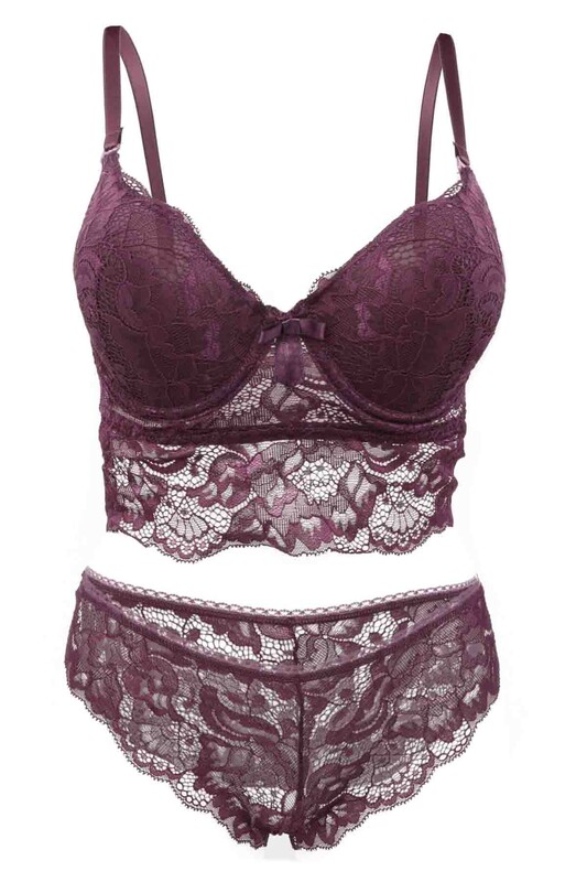 Cansoy Laced Push Up Bra Set 311 | Purple - Thumbnail