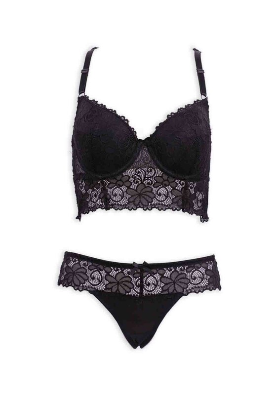 Laced Unsupported Bralette Bra Set 409 | Black - Thumbnail