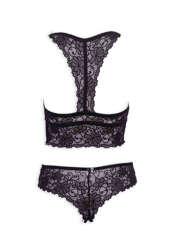 Laced Unsupported Bralette Bra Set 409 | Black - Thumbnail