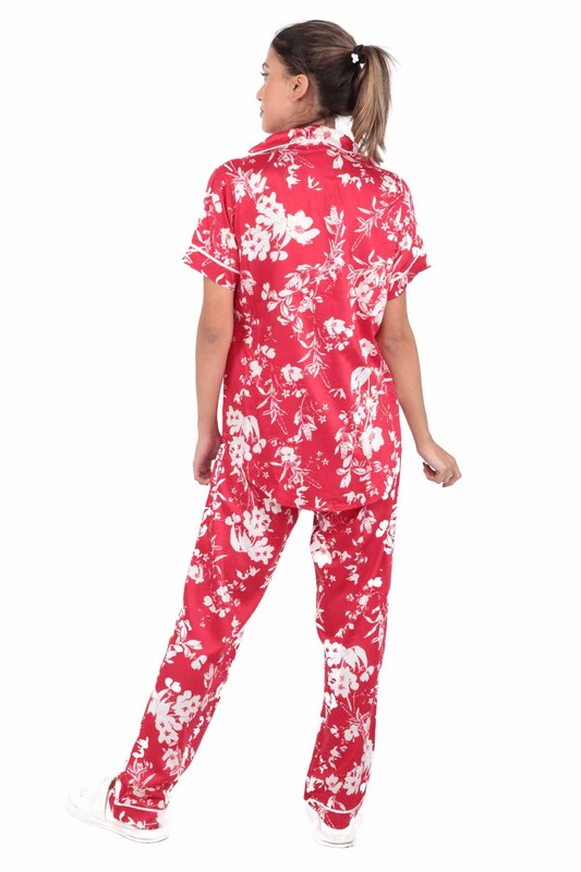 Aydoğan Patterned Poplin Shirt Woman Pajama Set 14037 | Red - Thumbnail