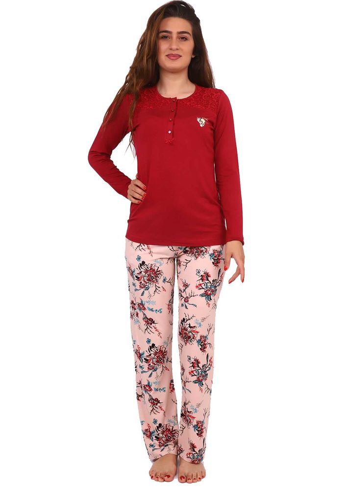 Senfoni Yakası Güpürlü Düğmeli Çiçek Desenli Pijama Takımı 1483 | Bordo