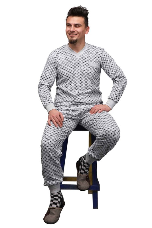 Patterned V Neck Man Pyjama Set 0213 | Gray - Thumbnail