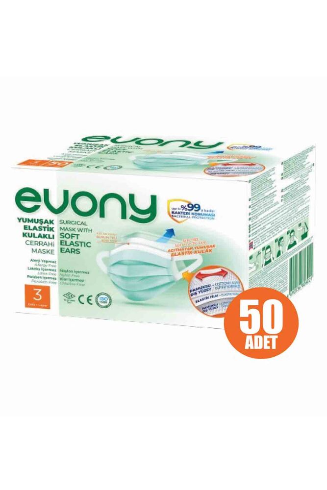 Evony 3 Katlı Filtreli Burun Telli Maske 50 Adet