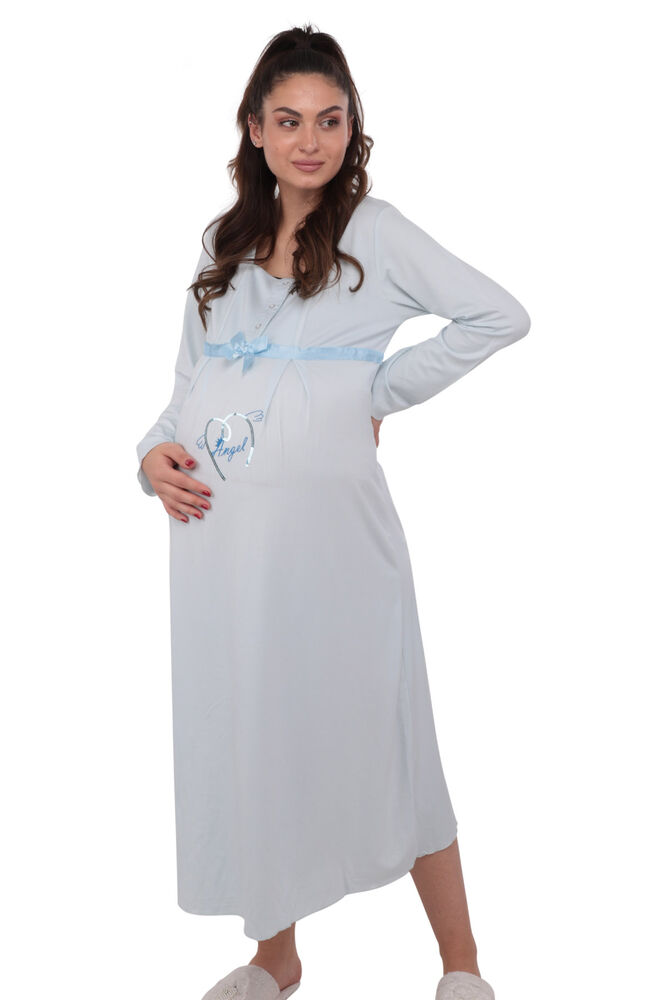 Berrak Buttoned Ribbon Pregnancy Night Gown 391 | Blue