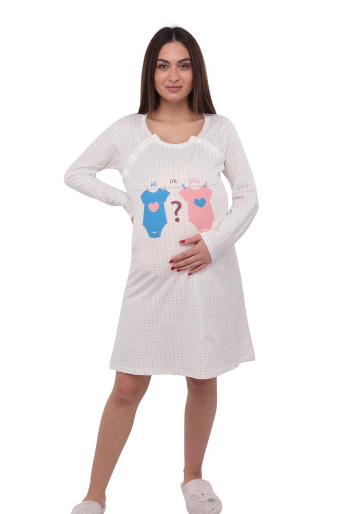 Printed Long Sleeve Puerpera Night Gown 15100-23 | Cream