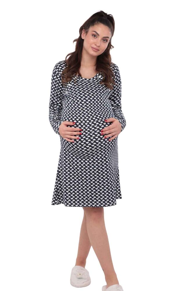 Heart Printed Long Sleeve Puerpera Night Gown 15100-33 | Navy Blue