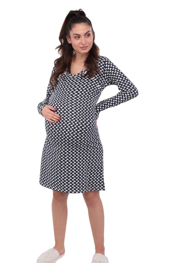 Heart Printed Long Sleeve Puerpera Night Gown 15100-33 | Navy Blue