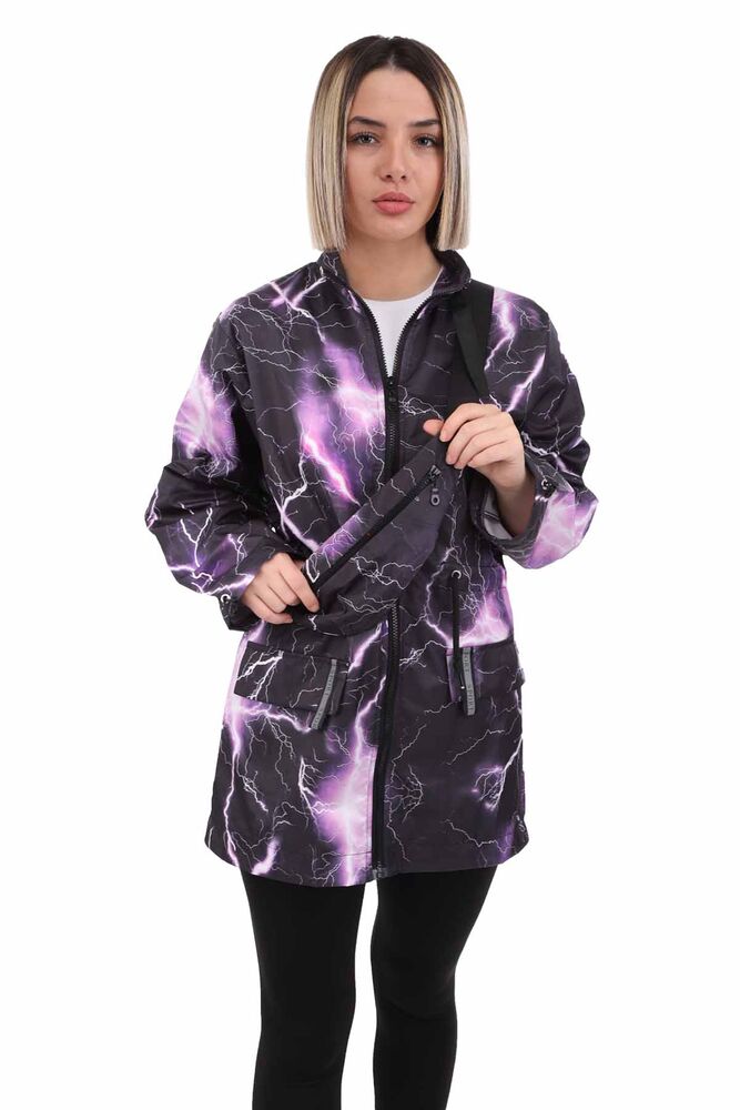 Patterned Woman Coat with Fanny Pack 9622 | Black