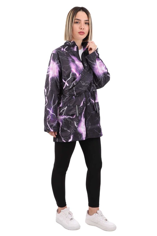 Patterned Woman Coat with Fanny Pack 9622 | Black - Thumbnail