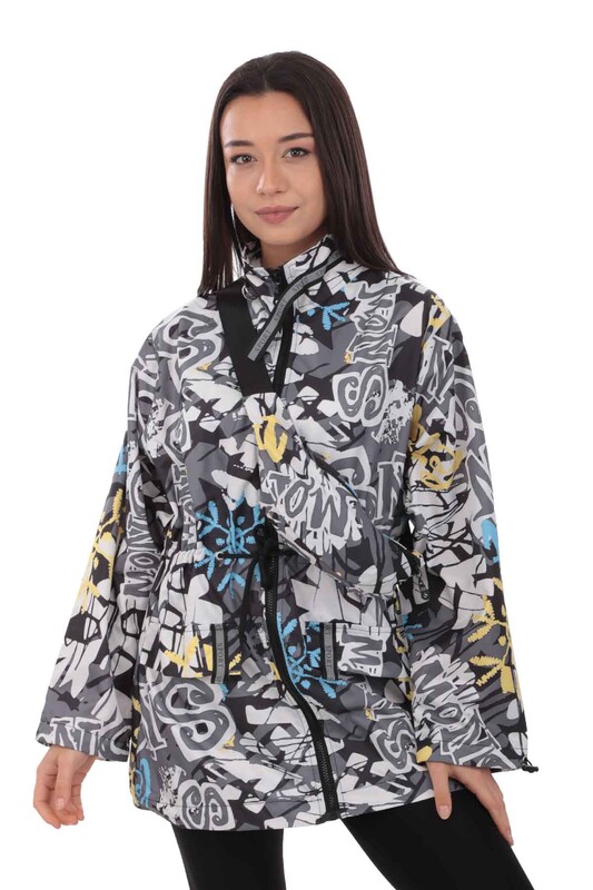 Patterned Woman Coat with Fanny Pack 9619 | Black - Thumbnail