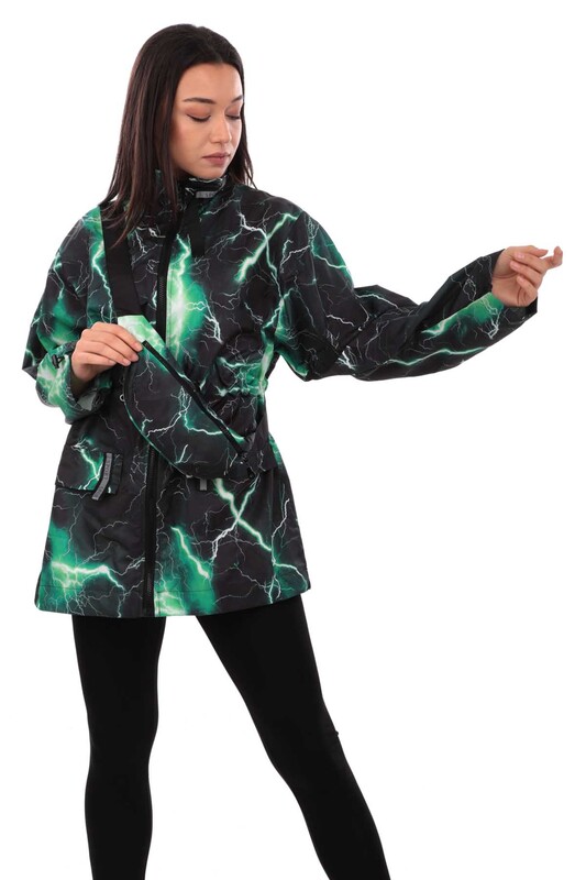 Patterned Woman Coat with Fanny Pack 9617 | Black - Thumbnail