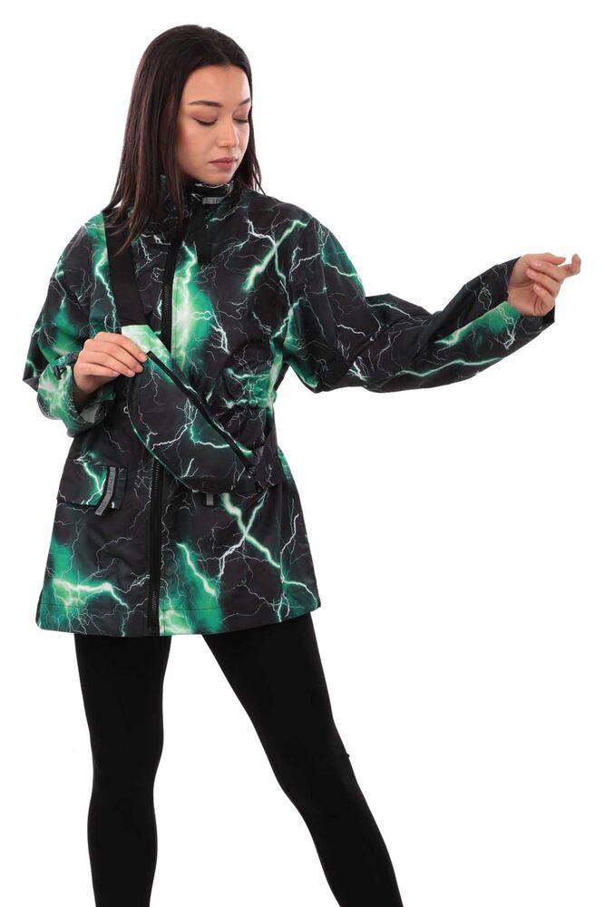 Patterned Woman Coat with Fanny Pack 9617 | Black