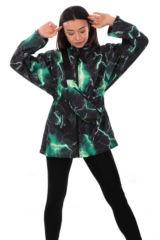 Patterned Woman Coat with Fanny Pack 9617 | Black - Thumbnail