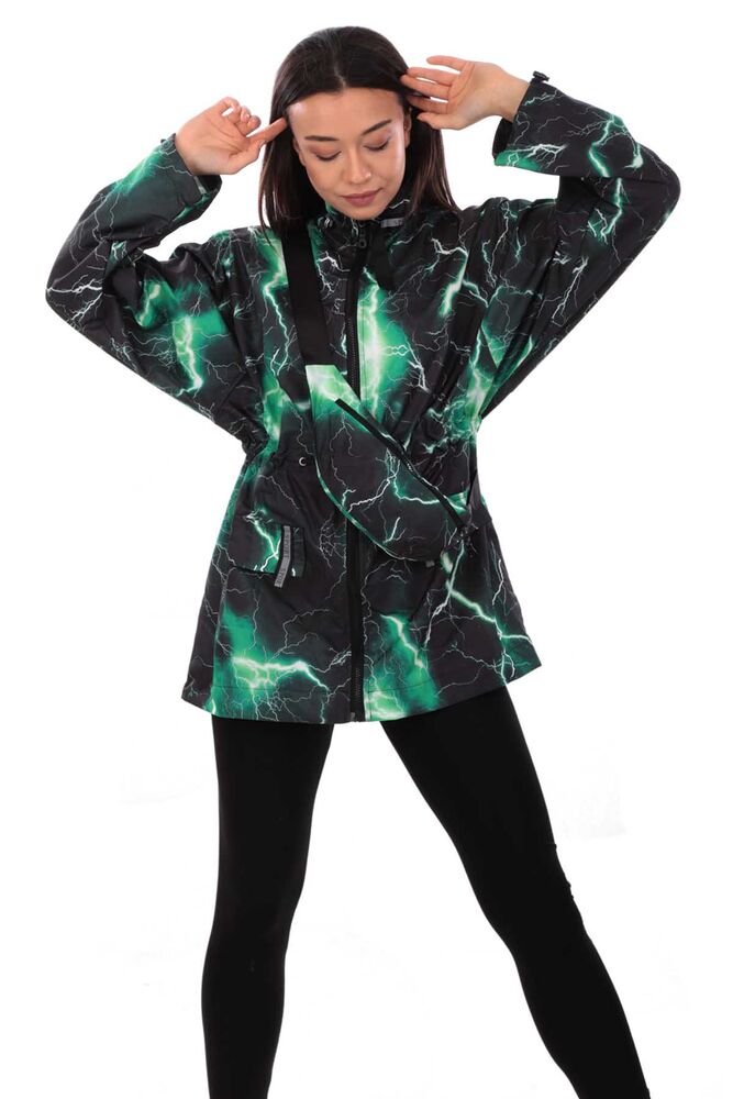 Patterned Woman Coat with Fanny Pack 9617 | Black