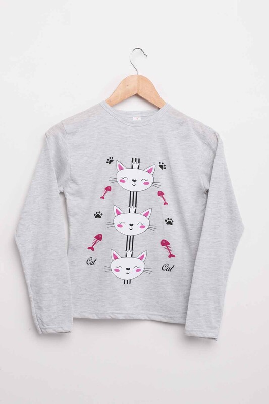 İtan Cat Printed Girl Pyjama Set 1052 | Gray - Thumbnail