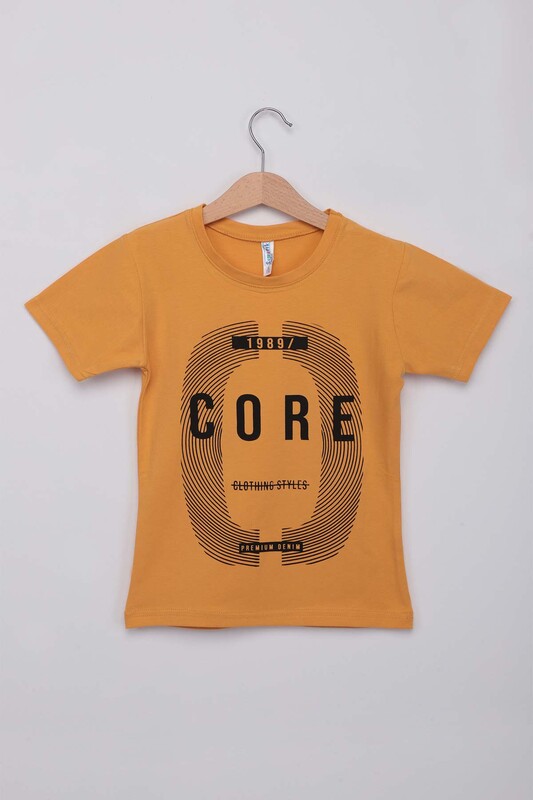 Text Printed Short Sleeve Boy Pajamas Set | Mustard - Thumbnail