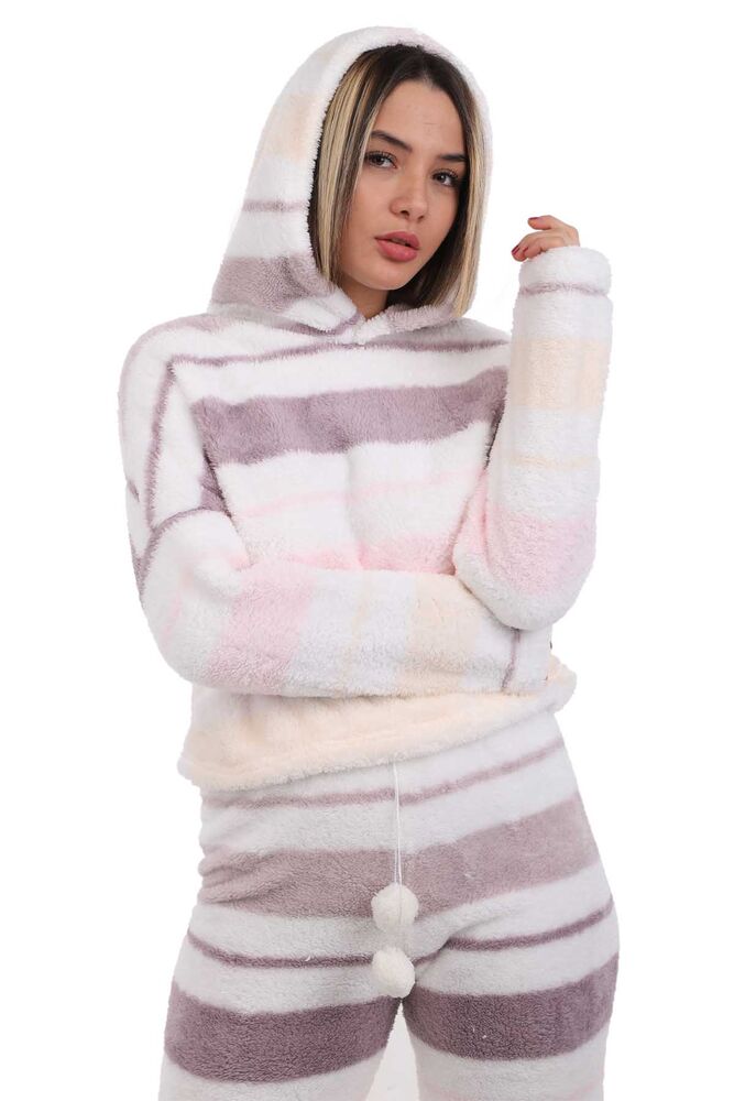 Arcan Çizgi Desenli Kapüşonlu Polar Pijama Takımı 1253-1 | Beyaz