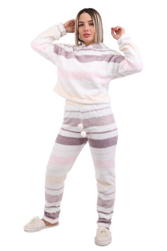 Arcan Çizgi Desenli Kapüşonlu Polar Pijama Takımı 1253-1 | Beyaz - Thumbnail