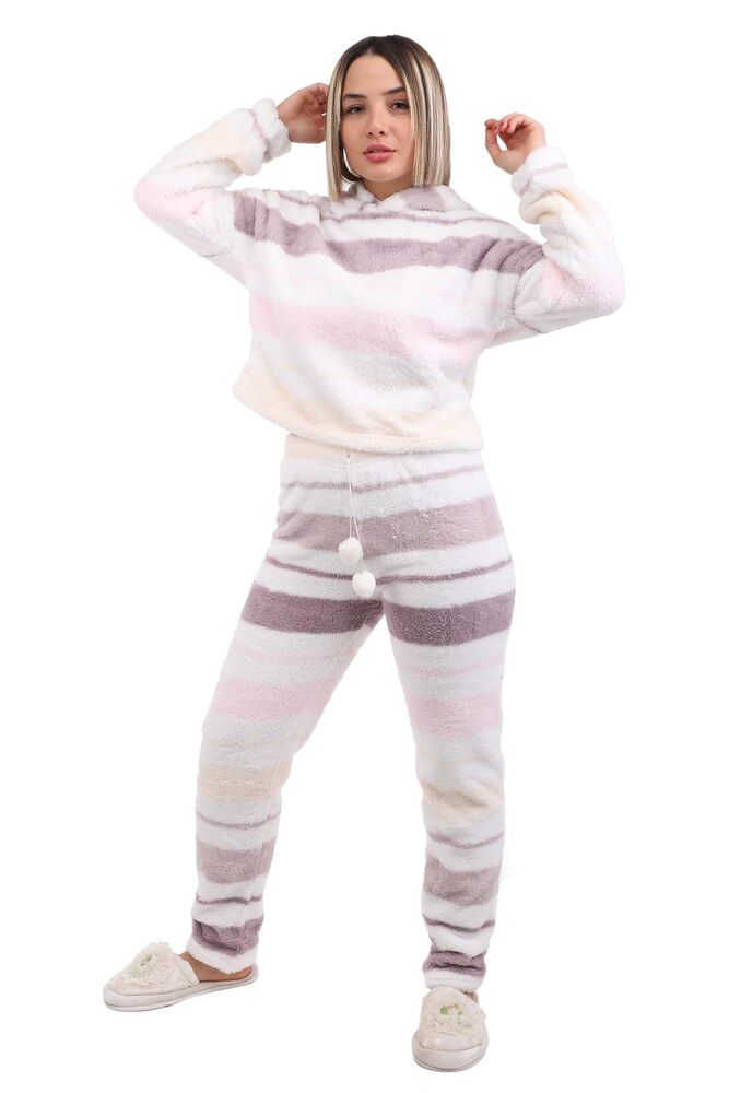 Arcan Çizgi Desenli Kapüşonlu Polar Pijama Takımı 1253-1 | Beyaz