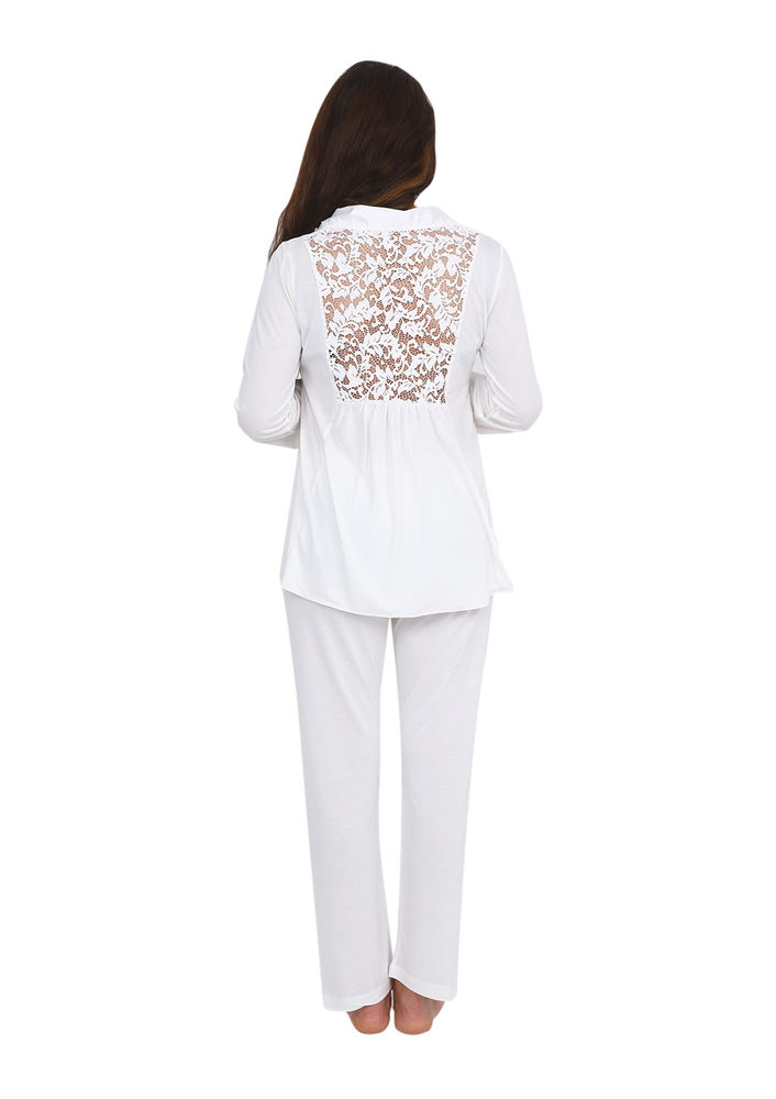 Imaj Shirt Collar Buttoned White Pajamas Set 113 | Ecru