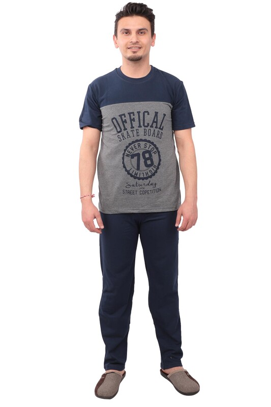 Sude Patterned Short Sleeved Man Pyjama Set 05 | Gray - Thumbnail