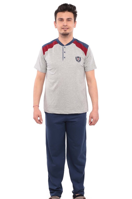 Sude Patterned Short Sleeved Man Pyjama Set 53 | Gray - Thumbnail