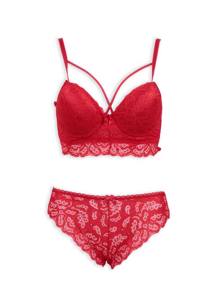 Çapraz İpli Push Up Bralet Sütyen Takımı | Kırmızı