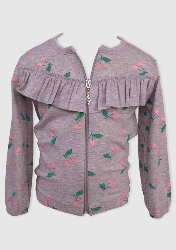 Cherry Printed Girl Cardigan | Gray - Thumbnail