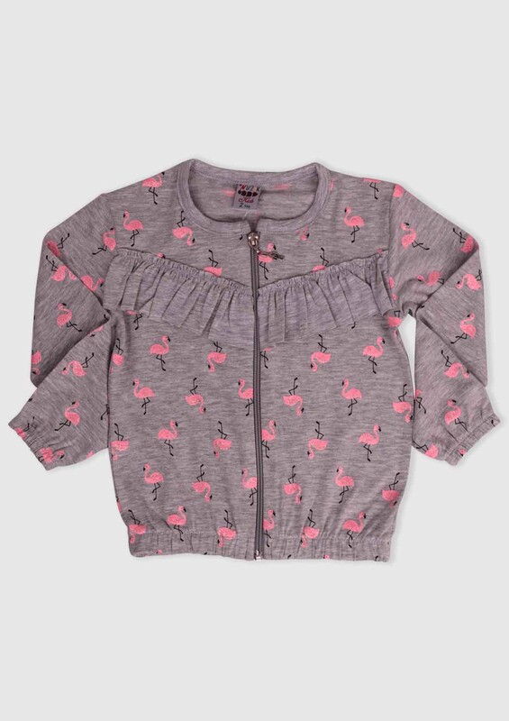Flamingo Printed Girl Cardigan | Gray - Thumbnail