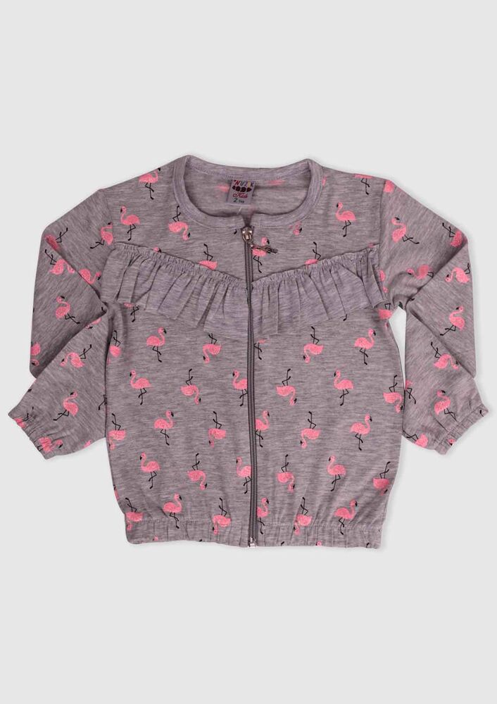 Flamingo Printed Girl Cardigan | Gray