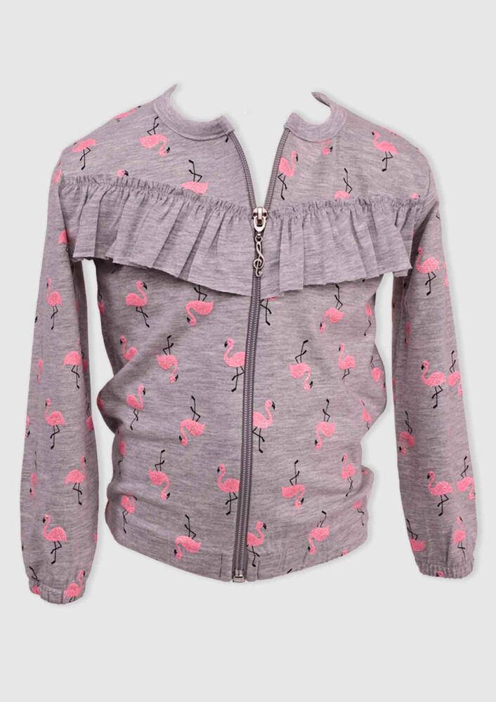 Flamingo Printed Girl Cardigan | Gray