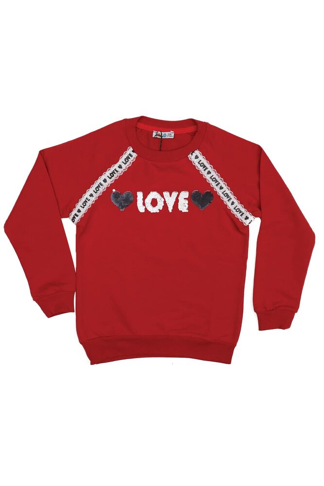 Crew Neck Pearl Detailed Girl Sweatshirt 79572 | Red