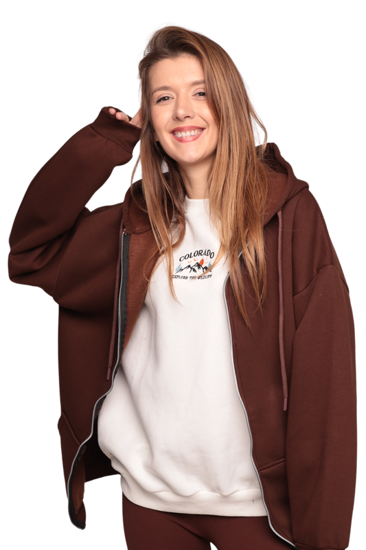 SİMİSSO - Fermuarlı 3 İplik Kadın Sweatshirt 3556 | Kahverengi