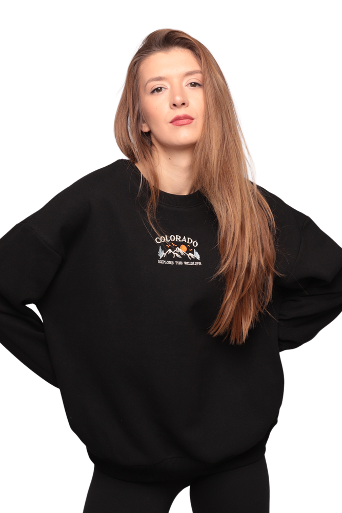 Nakışlı 3 İplik Kadın Sweatshirt 5808 | Siyah