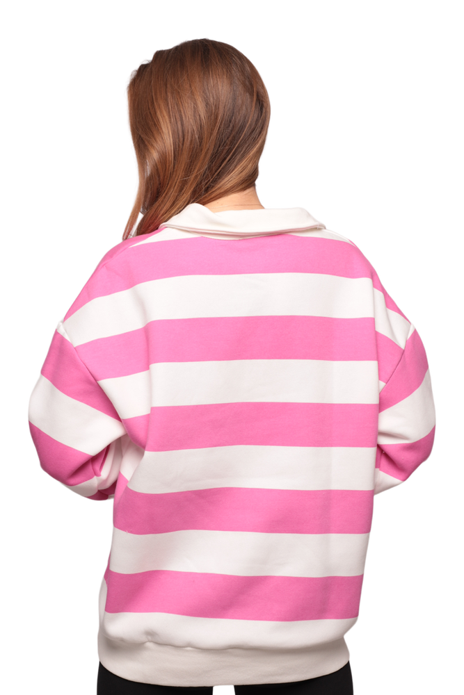 Çizgili 3 İplik Kadın Sweatshirt 5806 | Pembe