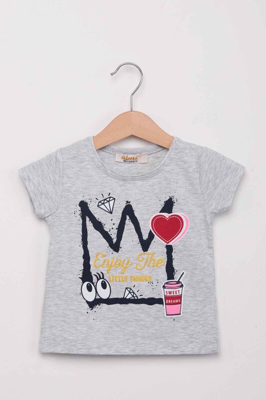 ALMİ - Kalp Baskılı Kız Çocuk Tshirt | Gri