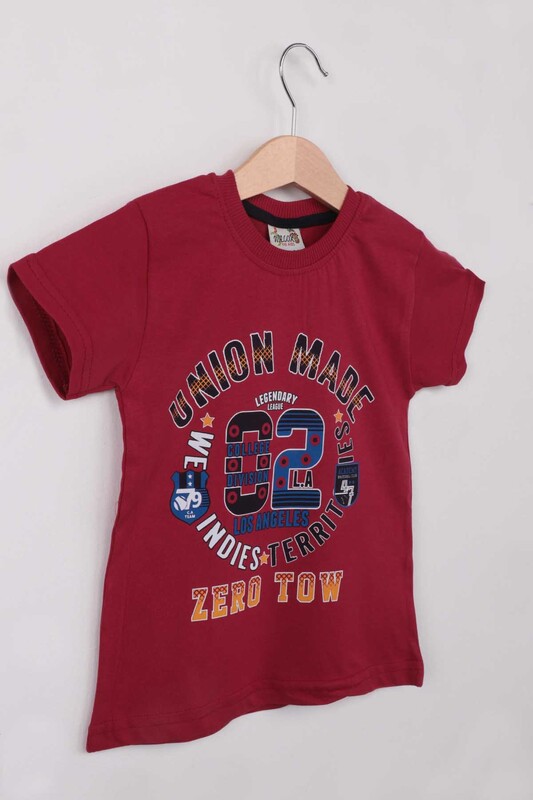 Printed Short Sleeve Boy T-shirt | Burgundy - Thumbnail