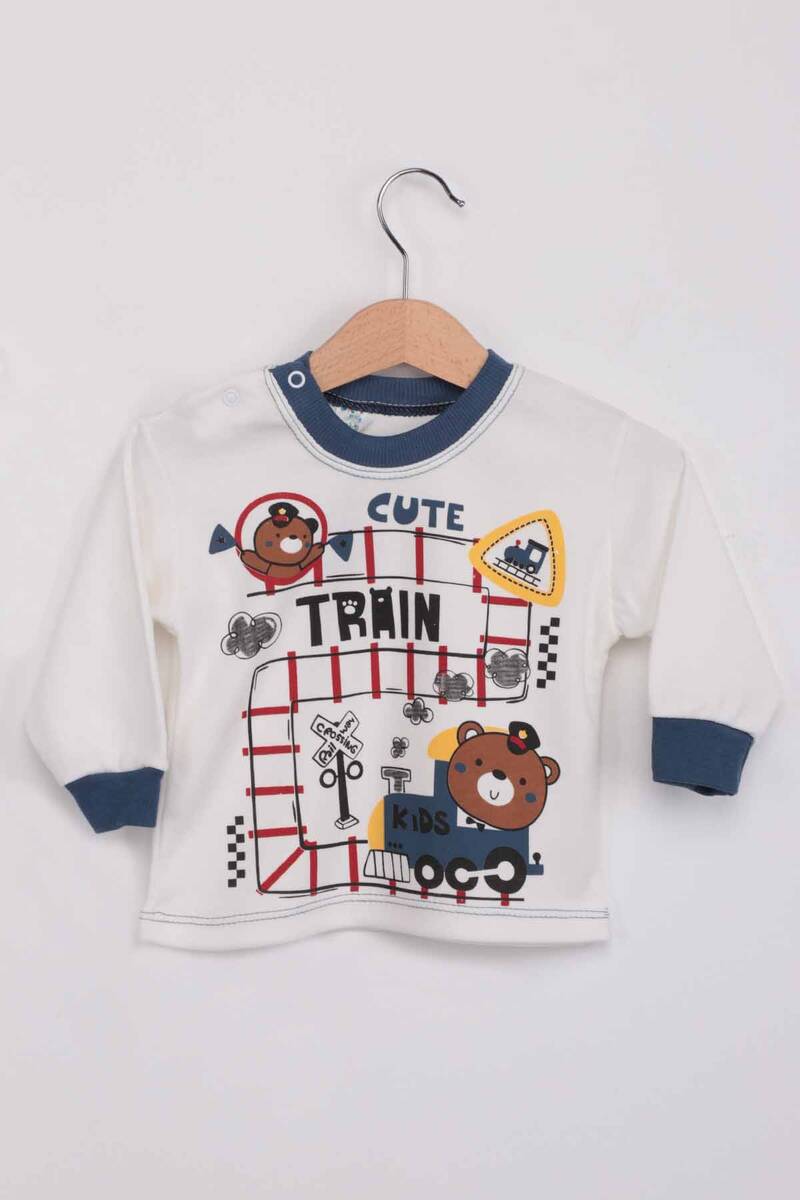 Tren Baskılı Erkek Çocuk Pijama Takımı | Ekru İndigo