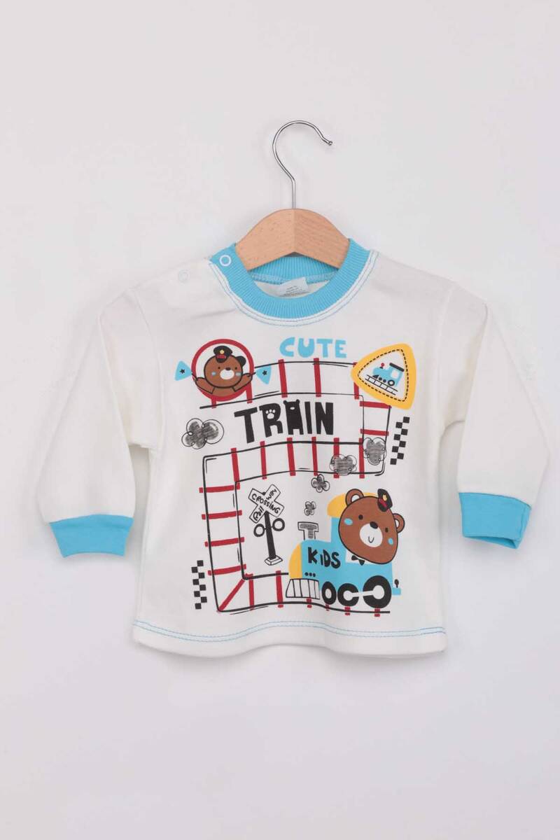 Tren Baskılı Erkek Çocuk Pijama Takımı | Ekru Mavi
