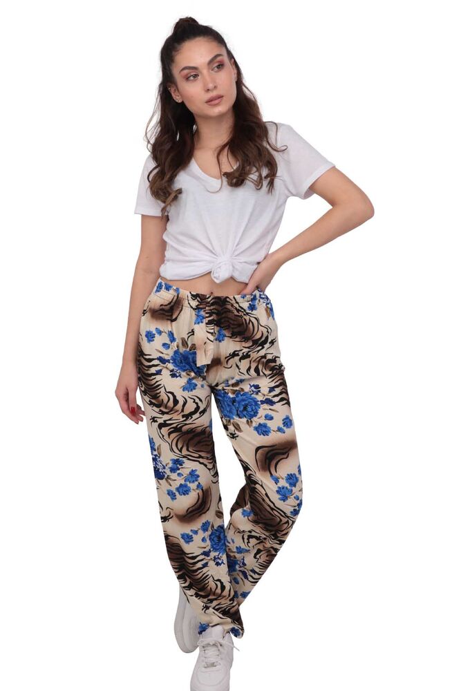 Rose Printed Viscose Straight Cut Woman Pants | Cream