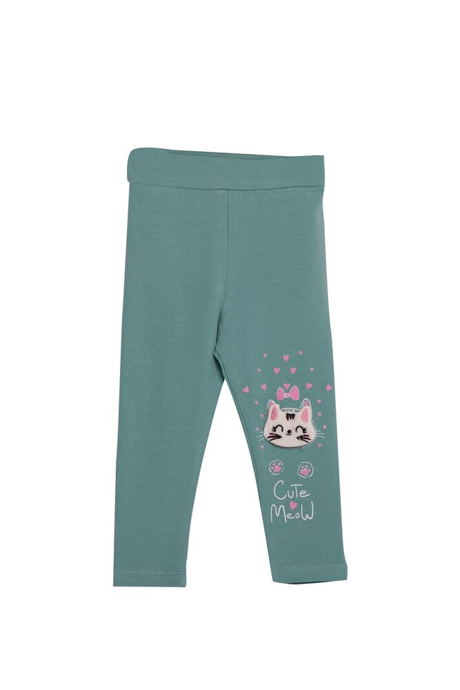 Cat Printed Girl Leggings 3866 | Sea Green